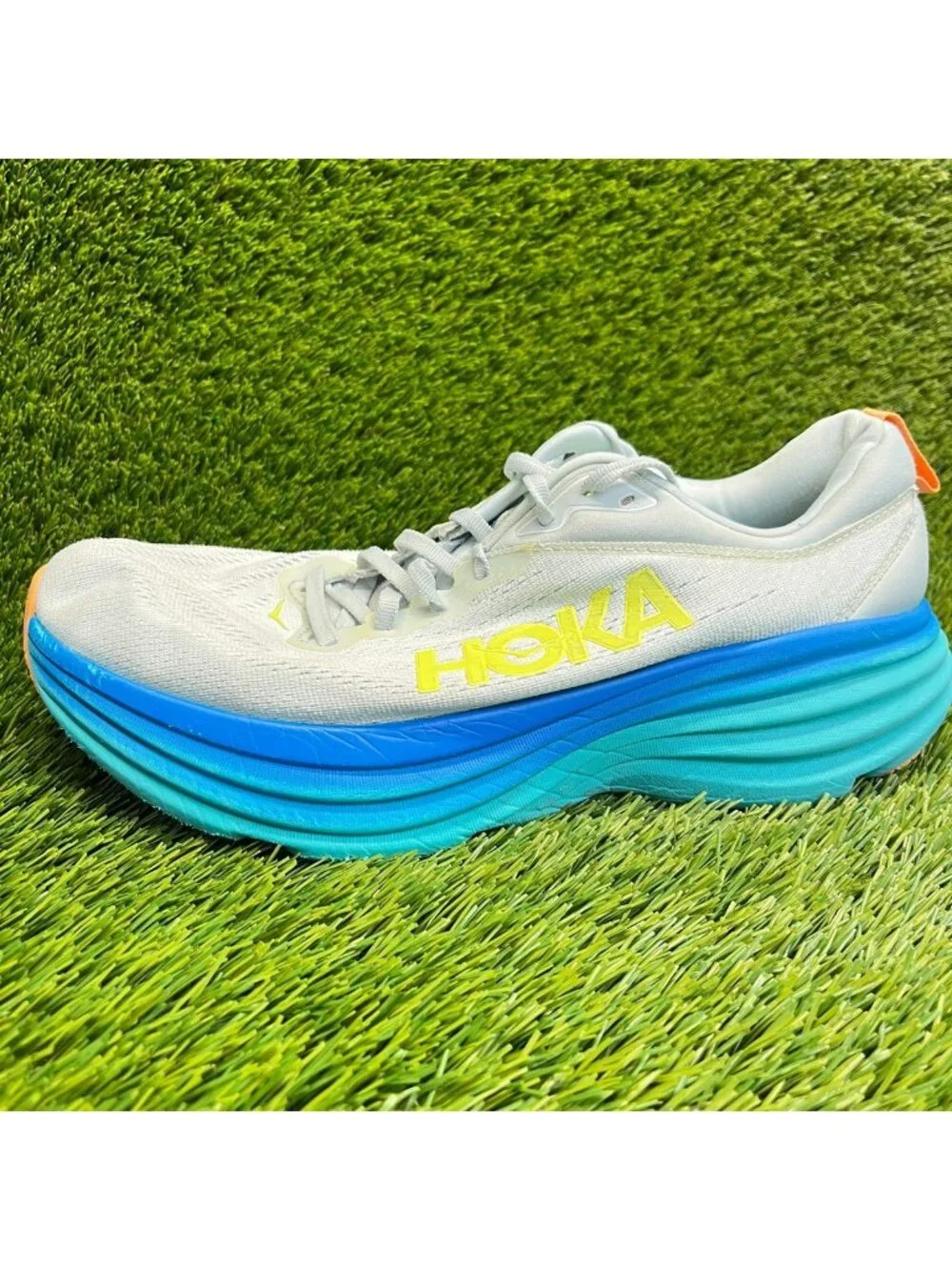 Hoka One One Bondi 8 Mens Size 10.5 White Blue Athletic Running Shoes Sneakers